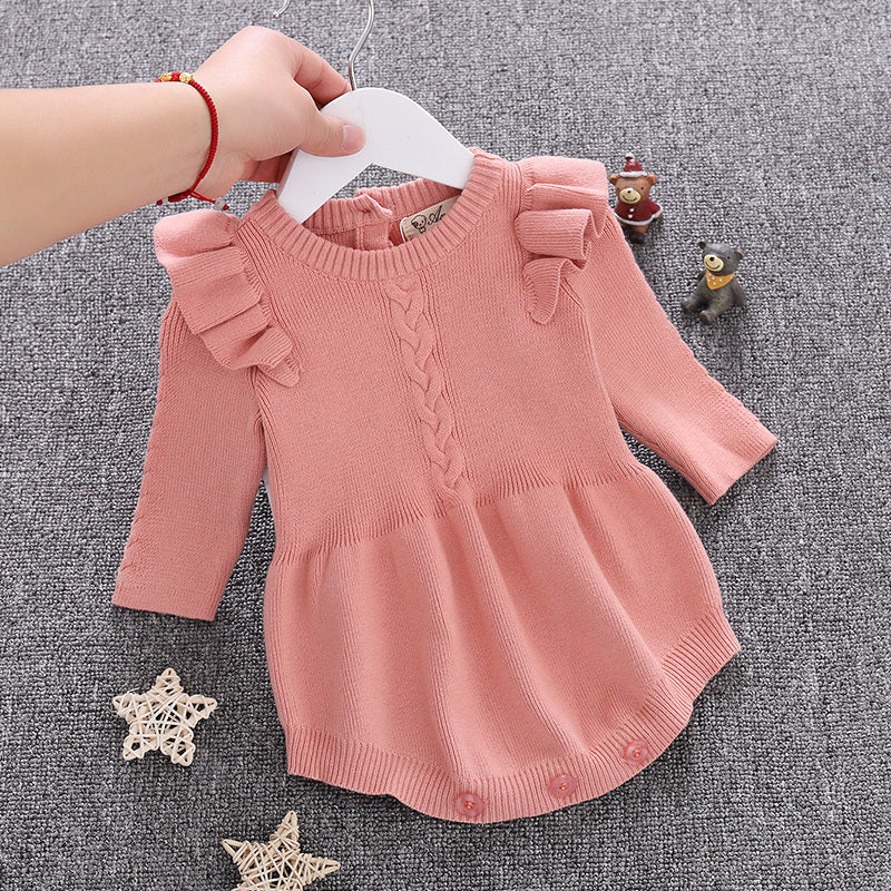 Long Sleeve Knitted Baby Romper with Ruffle Shoulders