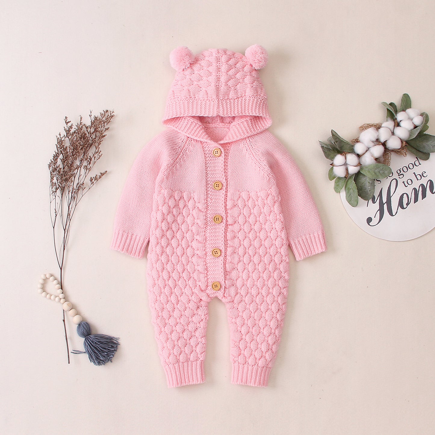 Knitted Baby Romper with Hood and Bear Ears