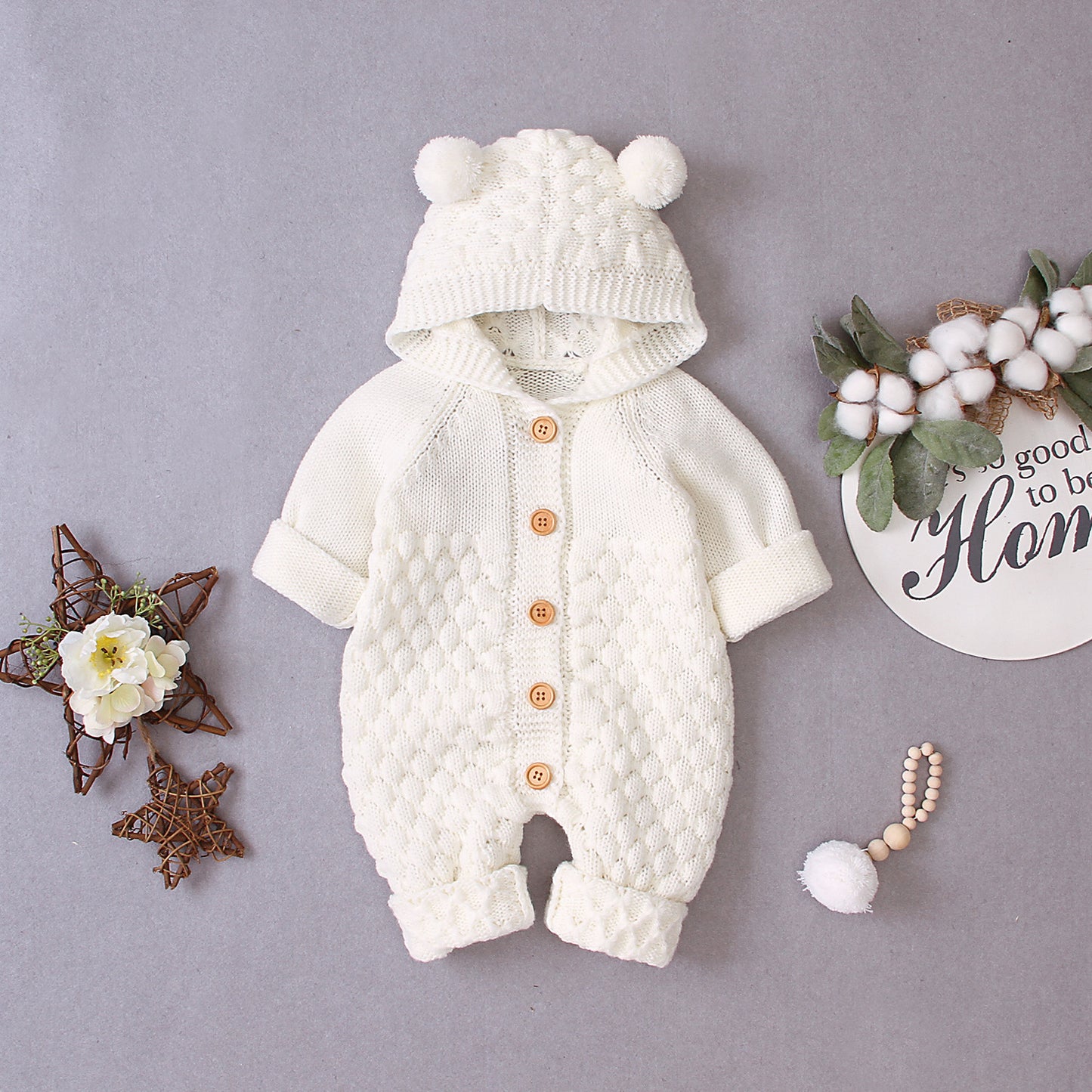 Knitted Baby Romper with Hood and Bear Ears