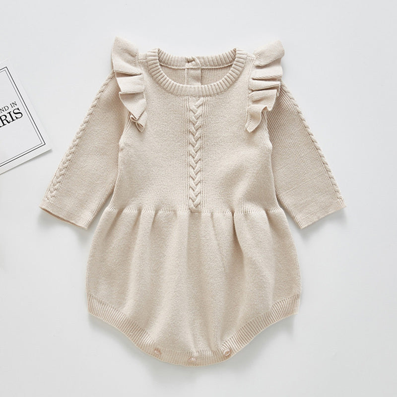 Long Sleeve Knitted Baby Romper with Ruffle Shoulders