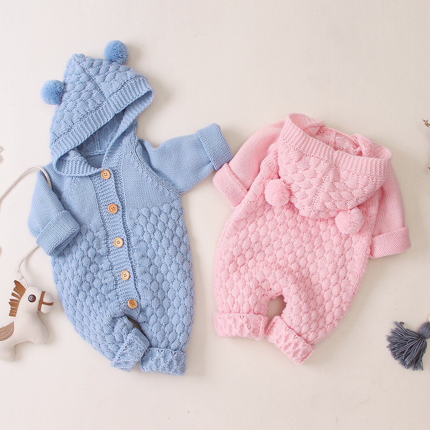 Knitted Baby Romper with Hood and Bear Ears