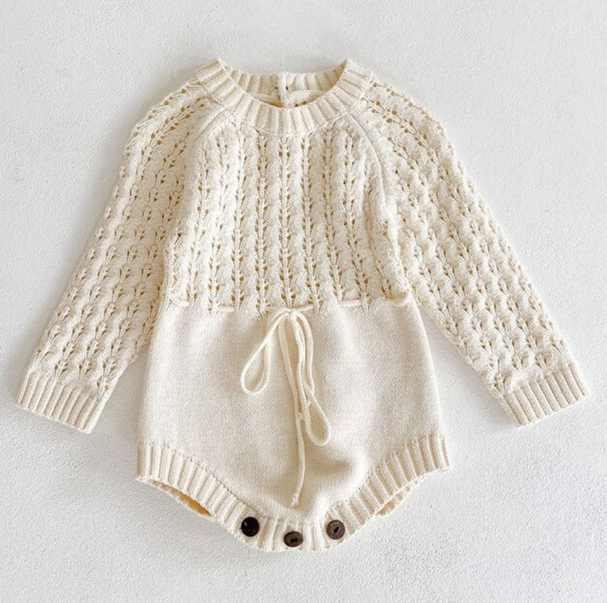Cream Knit Baby Romper with Drawstring Waist
