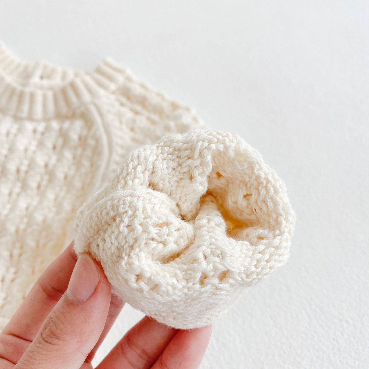 Cream Knit Baby Romper with Drawstring Waist