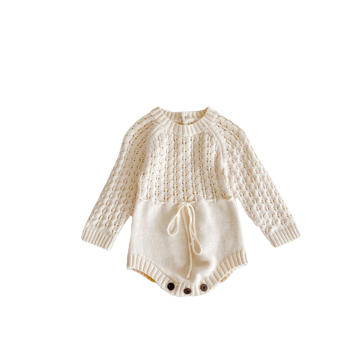 Cream Knit Baby Romper with Drawstring Waist