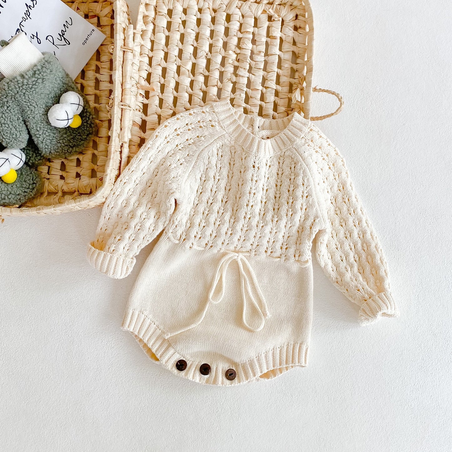 Cream Knit Baby Romper with Drawstring Waist
