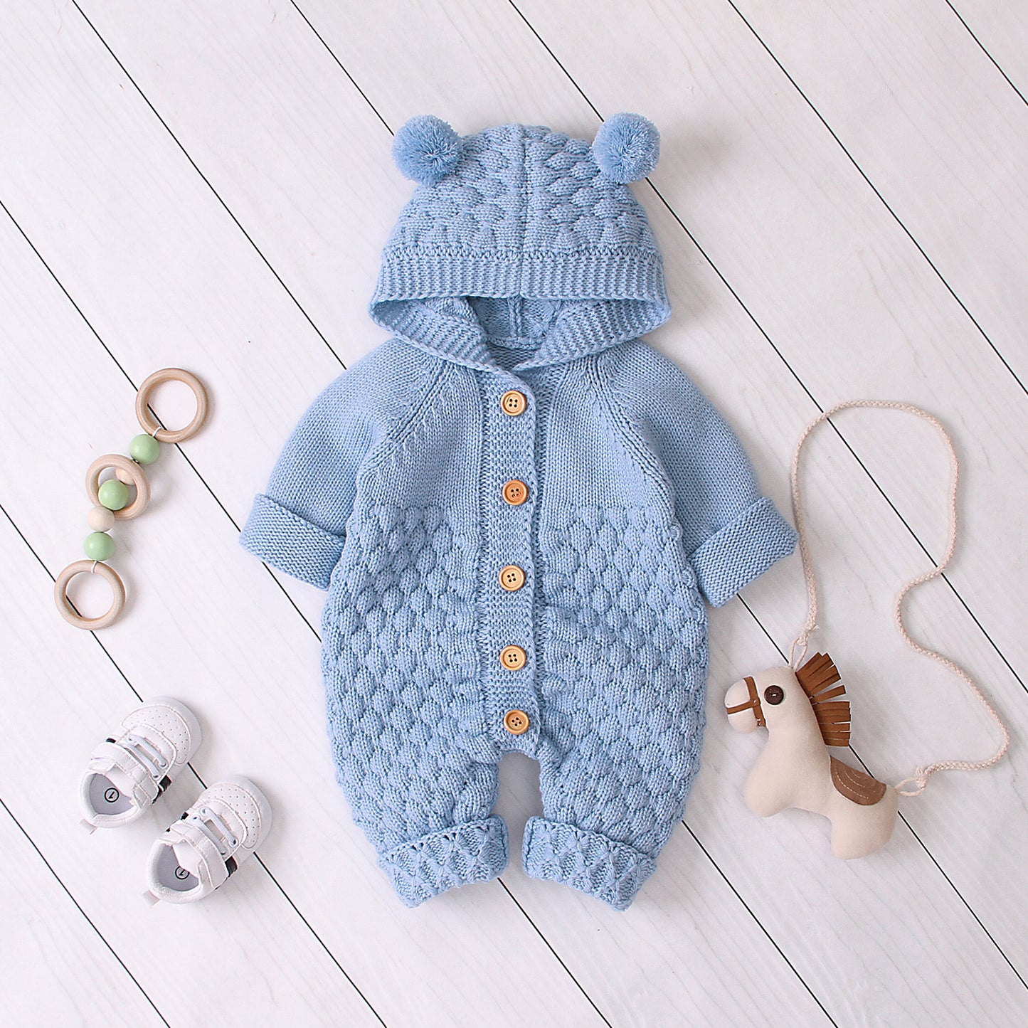 Knitted Baby Romper with Hood and Bear Ears