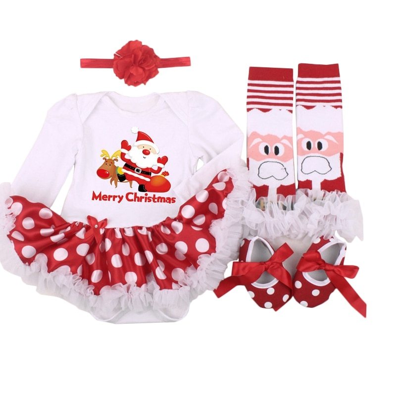 4-Piece First Christmas Baby Set – Romper, Tutu, Shoes & Headband
