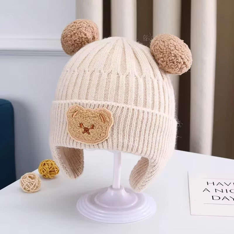 Thick Knitted Wool Baby Bear Hat with Ear Protection