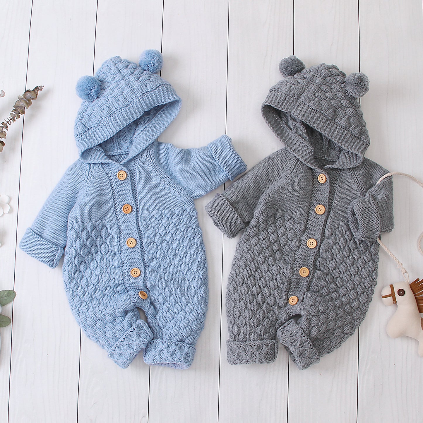 Knitted Baby Romper with Hood and Bear Ears