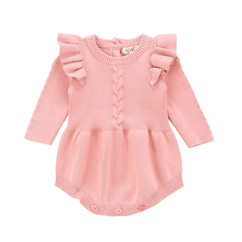 Long Sleeve Knitted Baby Romper with Ruffle Shoulders