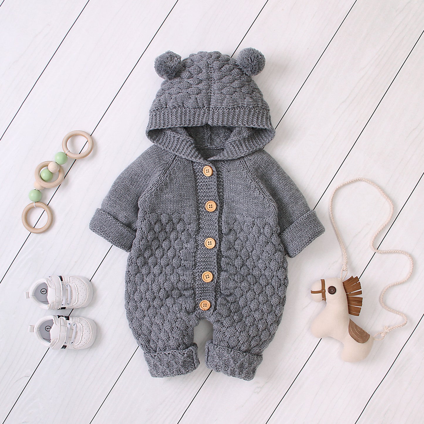 Knitted Baby Romper with Hood and Bear Ears