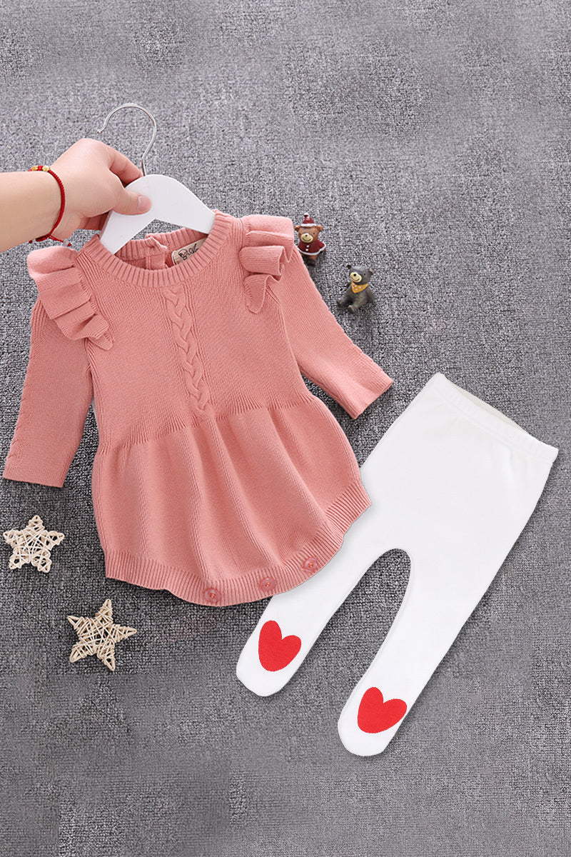 Long Sleeve Knitted Baby Romper with Ruffle Shoulders