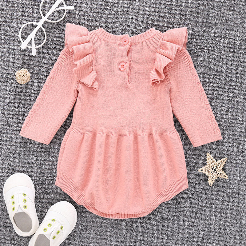 Long Sleeve Knitted Baby Romper with Ruffle Shoulders