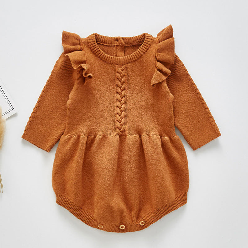 Long Sleeve Knitted Baby Romper with Ruffle Shoulders