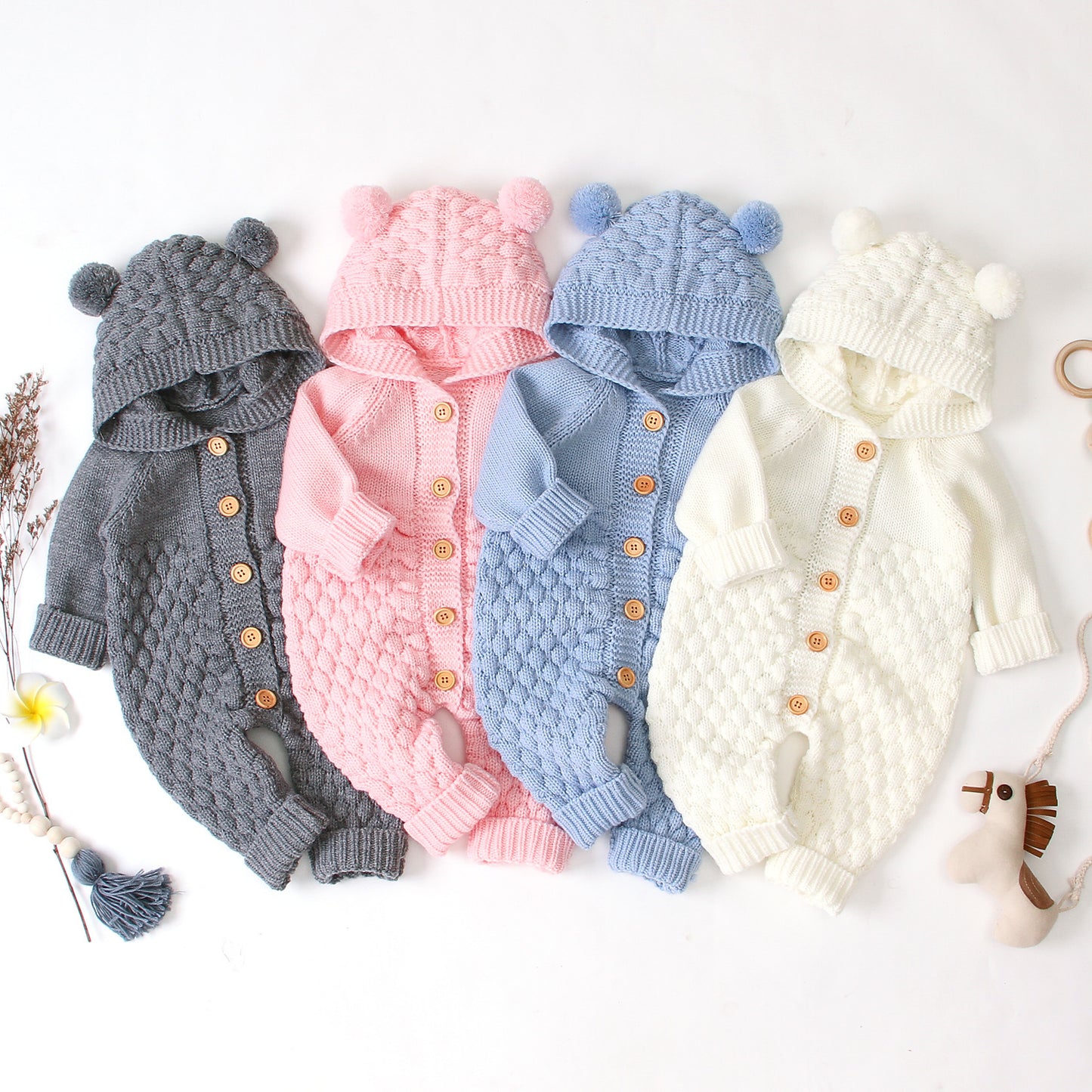 Knitted Baby Romper with Hood and Bear Ears