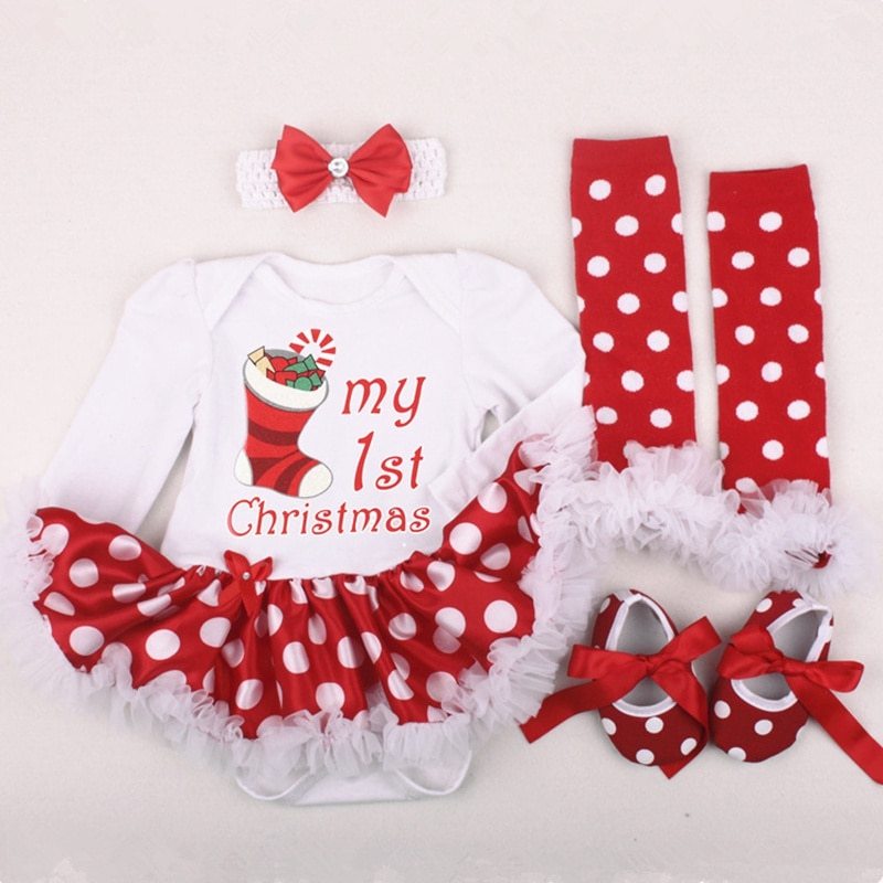 4-Piece First Christmas Baby Set – Romper, Tutu, Shoes & Headband